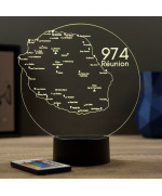 Lampe illusion 3D en verre acrylique gravée au laser représentant une carte de la Réunion.