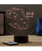 Lampe illusion 3D en verre acrylique gravée au laser représentant une carte de la Réunion.