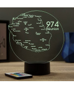 Lampe illusion 3D en verre acrylique gravée au laser représentant une carte de la Réunion.