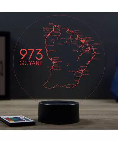 Lampe illusion 3D en verre acrylique gravée au laser représentant une carte de la Guyane.