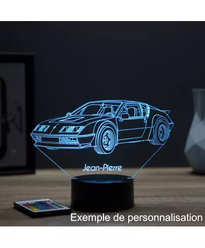 Lampe illusion 3D en verre acrylique gravée au laser représentant une voiture Alpine Renault A310 6 cylindres.