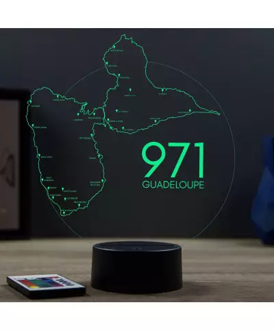 Lampe illusion 3D en verre acrylique gravée au laser représentant une carte de la Guadeloupe.