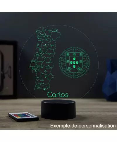 Lampe illusion 3D en verre acrylique gravée au laser représentant une carte de du Portugal.