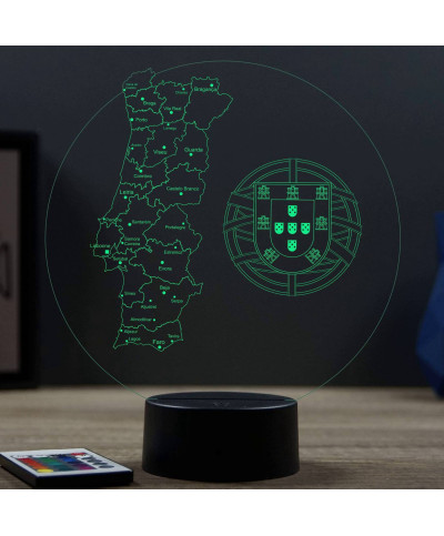 Lampe illusion 3D en verre acrylique gravée au laser représentant une carte de du Portugal.