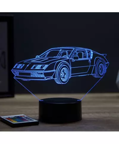 Lampe illusion 3D en verre acrylique gravée au laser représentant une voiture Alpine Renault A310 6 cylindres.