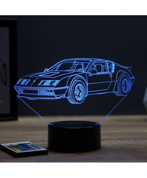 Lampe illusion 3D en verre acrylique gravée au laser représentant une voiture Alpine Renault A310 6 cylindres.