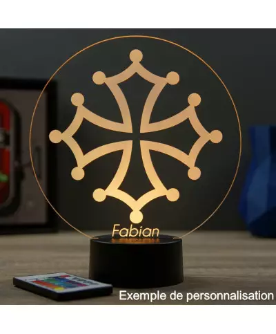 Lampe illusion 3D en verre acrylique gravée au laser représentant une croix occitane.