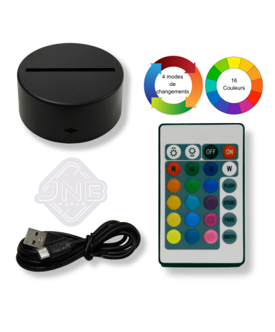 Ensemble des accessoires fournis avec la plaque gravée dont la base, la télécommande et le cordon USB de 1 mètre.