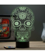 Lampe illusion 3D en verre acrylique gravée au laser représentant une tête de mort Mexicaine une Calavera.