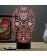 Lampe illusion 3D en verre acrylique gravée au laser représentant une tête de mort Mexicaine une Calavera.