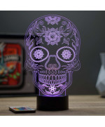 Lampe illusion 3D en verre acrylique gravée au laser représentant une tête de mort Mexicaine une Calavera.