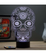 Lampe illusion 3D en verre acrylique gravée au laser représentant une tête de mort Mexicaine une Calavera.