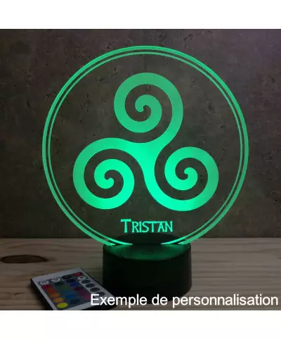 Lampe illusion 3D en verre acrylique gravée au laser représentant un triskèle.