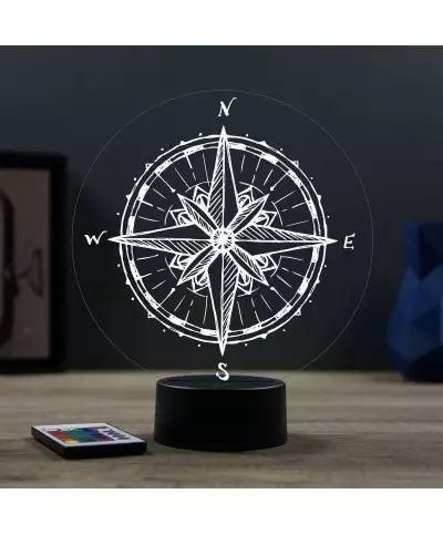Lampe illusion 3D en verre acrylique gravée au laser représentant une boussole.