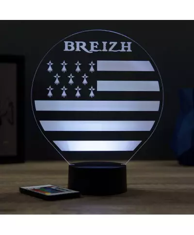 Lampe illusion 3D en verre acrylique gravée au laser représentant le drapeau breton.
