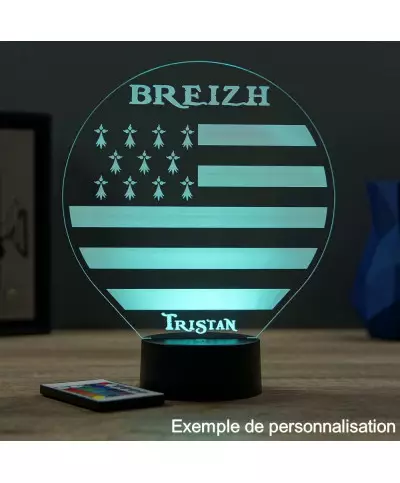 Lampe illusion 3D en verre acrylique gravée au laser représentant le drapeau breton.