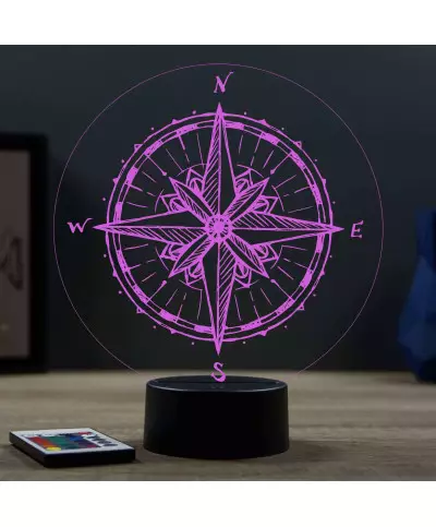 Lampe illusion 3D en verre acrylique gravée au laser représentant une boussole.