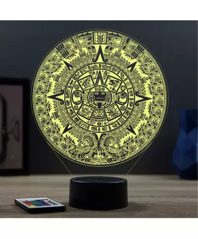 Lampe illusion 3D en verre acrylique gravée au laser représentant le calendrier Maya.