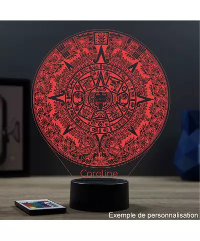 Lampe illusion 3D en verre acrylique gravée au laser représentant le calendrier Maya.