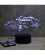 Lampe illusion 3D en verre acrylique gravée au laser représentant une voiture Alpine Renault A110 berlinette.