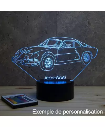 Lampe illusion 3D en verre acrylique gravée au laser représentant une voiture Alpine Renault A110 berlinette.