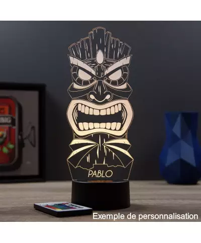 Lampe illusion 3D en verre acrylique gravée au laser représentant un Tiki Polynésien.