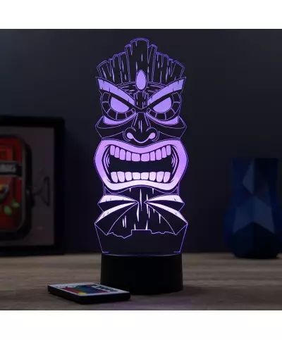 Lampe illusion 3D en verre acrylique gravée au laser représentant un Tiki Polynésien.