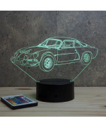 Lampe illusion 3D en verre acrylique gravée au laser représentant une voiture Alpine Renault A110 berlinette.