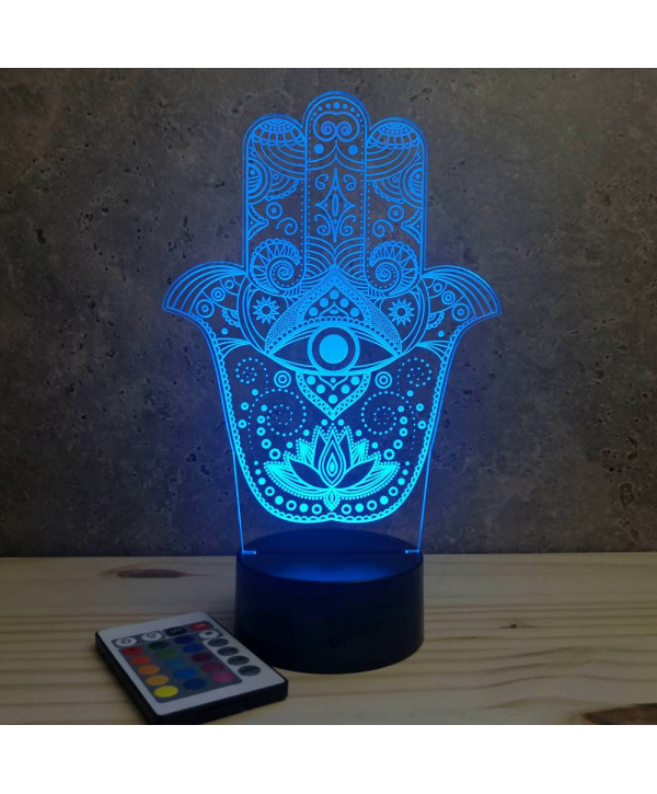 Lampe illusion 3D en verre acrylique gravée au laser représentant une main de Fatma.