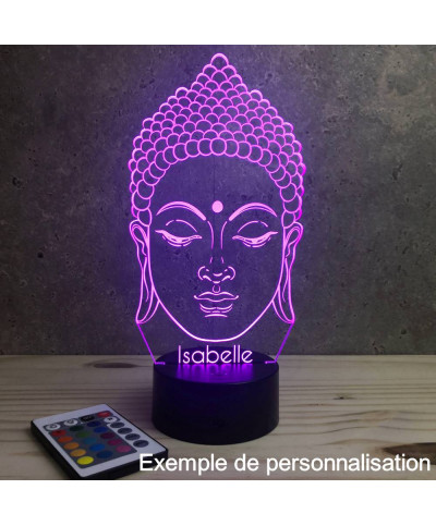 Lampe illusion 3D en verre acrylique gravée au laser représentant une tête de Bouddha.