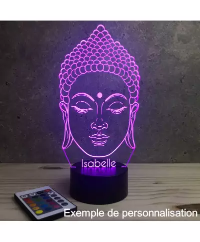Lampe illusion 3D en verre acrylique gravée au laser représentant une tête de Bouddha.