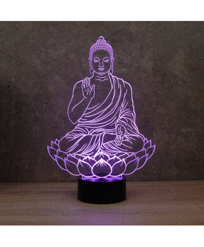 Lampe illusion 3D en verre acrylique gravée au laser représentant un Bouddha assis sur une fleur de Lotus.