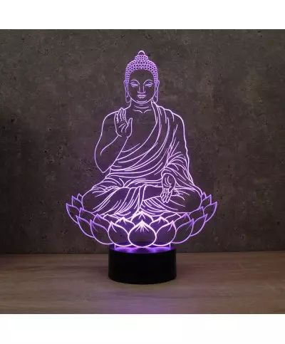 Lampe illusion 3D en verre acrylique gravée au laser représentant un Bouddha assis sur une fleur de Lotus.