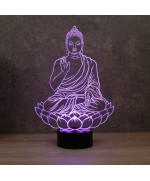 Lampe illusion 3D en verre acrylique gravée au laser représentant un Bouddha assis sur une fleur de Lotus.