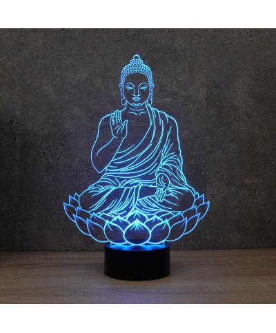 Lampe illusion 3D en verre acrylique gravée au laser représentant un Bouddha assis sur une fleur de Lotus.