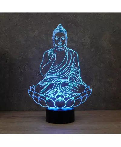 Lampe illusion 3D en verre acrylique gravée au laser représentant un Bouddha assis sur une fleur de Lotus.