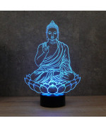 Lampe illusion 3D en verre acrylique gravée au laser représentant un Bouddha assis sur une fleur de Lotus.