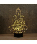Lampe illusion 3D en verre acrylique gravée au laser représentant un Bouddha assis sur une fleur de Lotus.