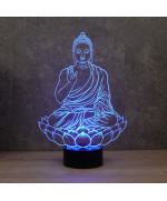 Lampe illusion 3D en verre acrylique gravée au laser représentant un Bouddha assis sur une fleur de Lotus.