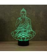 Lampe illusion 3D en verre acrylique gravée au laser représentant un Bouddha assis sur une fleur de Lotus.