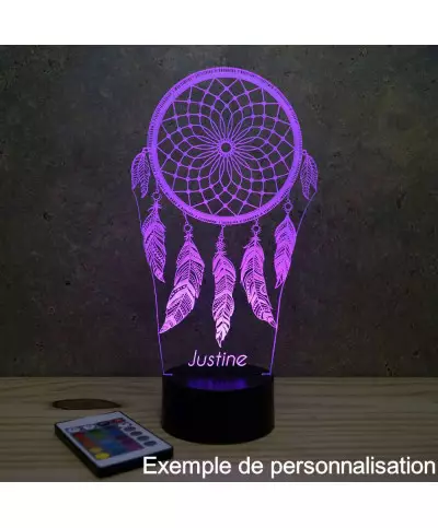 Lampe illusion 3D en verre acrylique gravée au laser représentant un Attrape rêve.