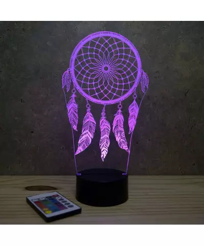 Lampe illusion 3D en verre acrylique gravée au laser représentant un Attrape rêve.