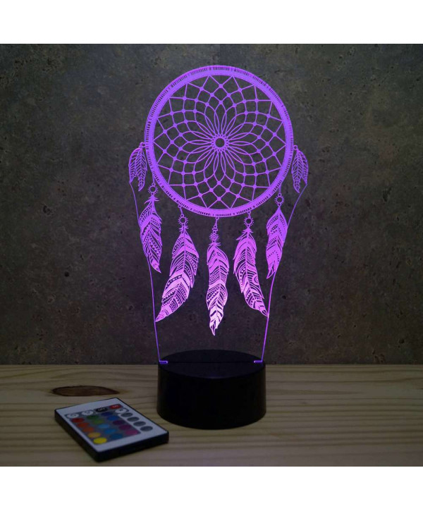 Lampe illusion 3D en verre acrylique gravée au laser représentant un Attrape rêve.