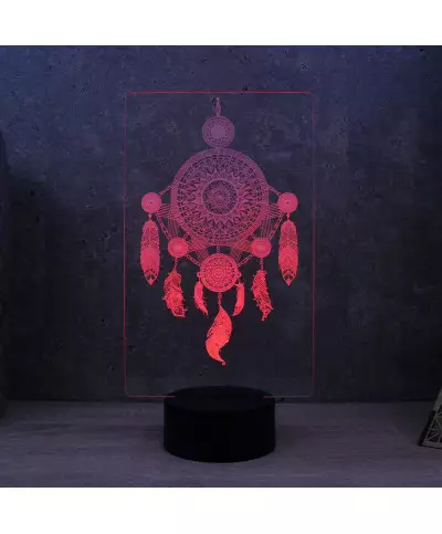 Lampe illusion 3D en verre acrylique gravée au laser représentant un Attrape rêve.
