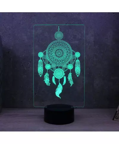 Lampe illusion 3D en verre acrylique gravée au laser représentant un Attrape rêve.