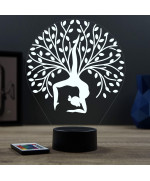 Lampe illusion 3D en verre acrylique gravée au laser représentant une femme faisant du yoga sous un arbre de vie.