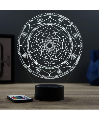 Lampe illusion 3D en verre acrylique gravée au laser représentant un mandala.