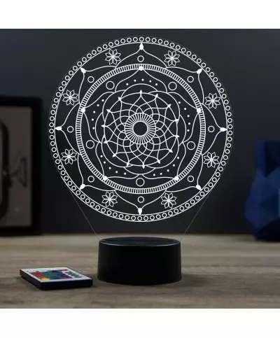 Lampe illusion 3D en verre acrylique gravée au laser représentant un mandala.
