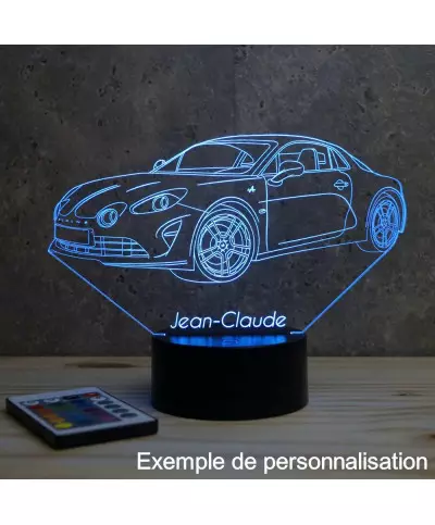 Lampe illusion 3D en verre acrylique gravée au laser représentant une voiture Alpine A110 2020.