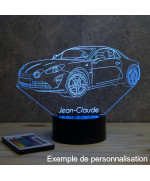 Lampe illusion 3D en verre acrylique gravée au laser représentant une voiture Alpine A110 2020.